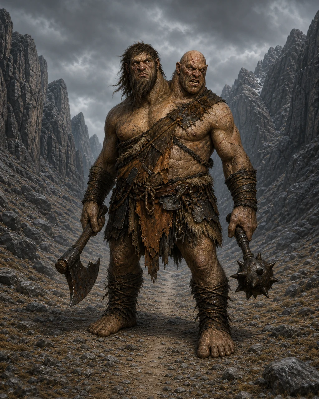 A huge two-headed ettin strides through a hill pass with a battleaxe in one hand and morningstar in the other.