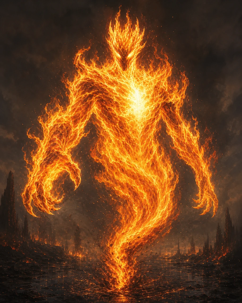 A towering humanoid-shaped fire elemental surges across blackened ground in a shower of embers.