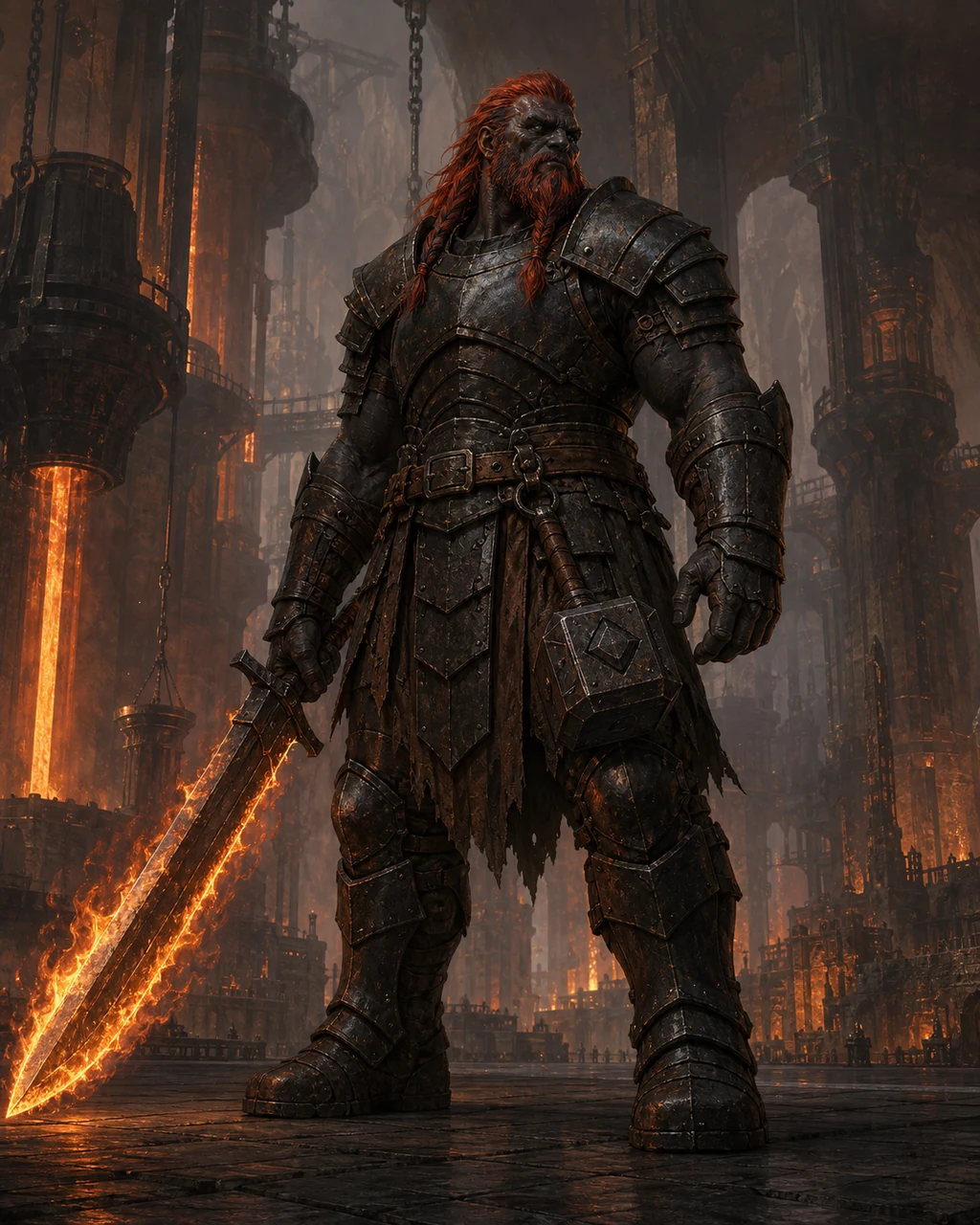 A colossal charcoal-skinned fire giant in black plate stands in a volcanic forge with a flaming sword.