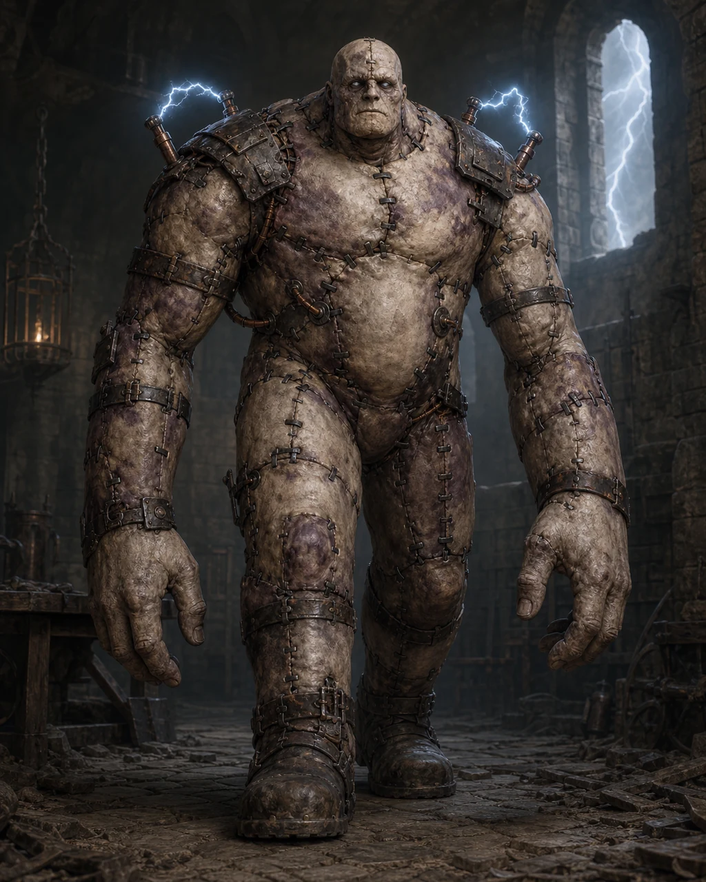 A massive stitched flesh golem advances through a ruined workshop as electricity arcs over its shoulders.