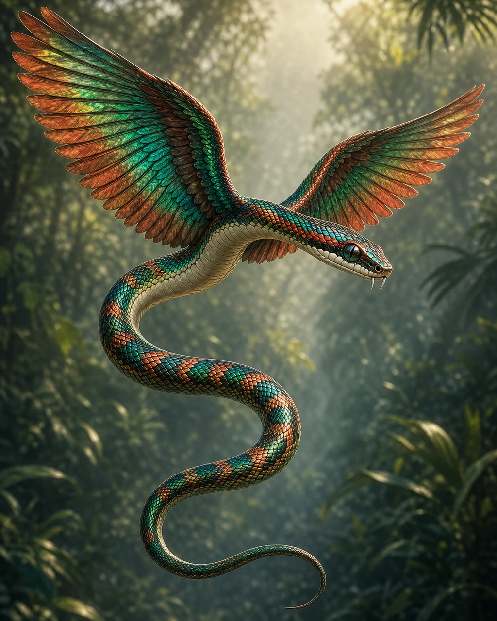 A tiny emerald-and-copper flying snake banks through a jungle gap on two feathered wings.