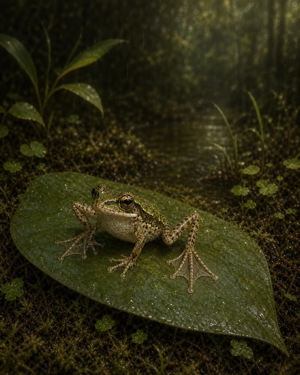 A tiny moss-green frog crouches on a rain-wet leaf beside a forest pool, ready to leap.