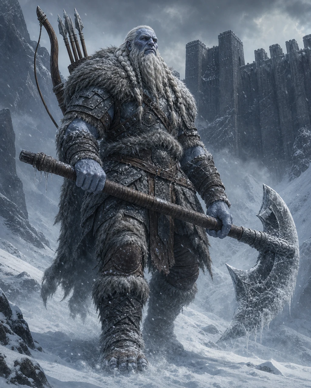 A pale-blue frost giant crosses a glacier carrying a huge rimed axe and giant bow.