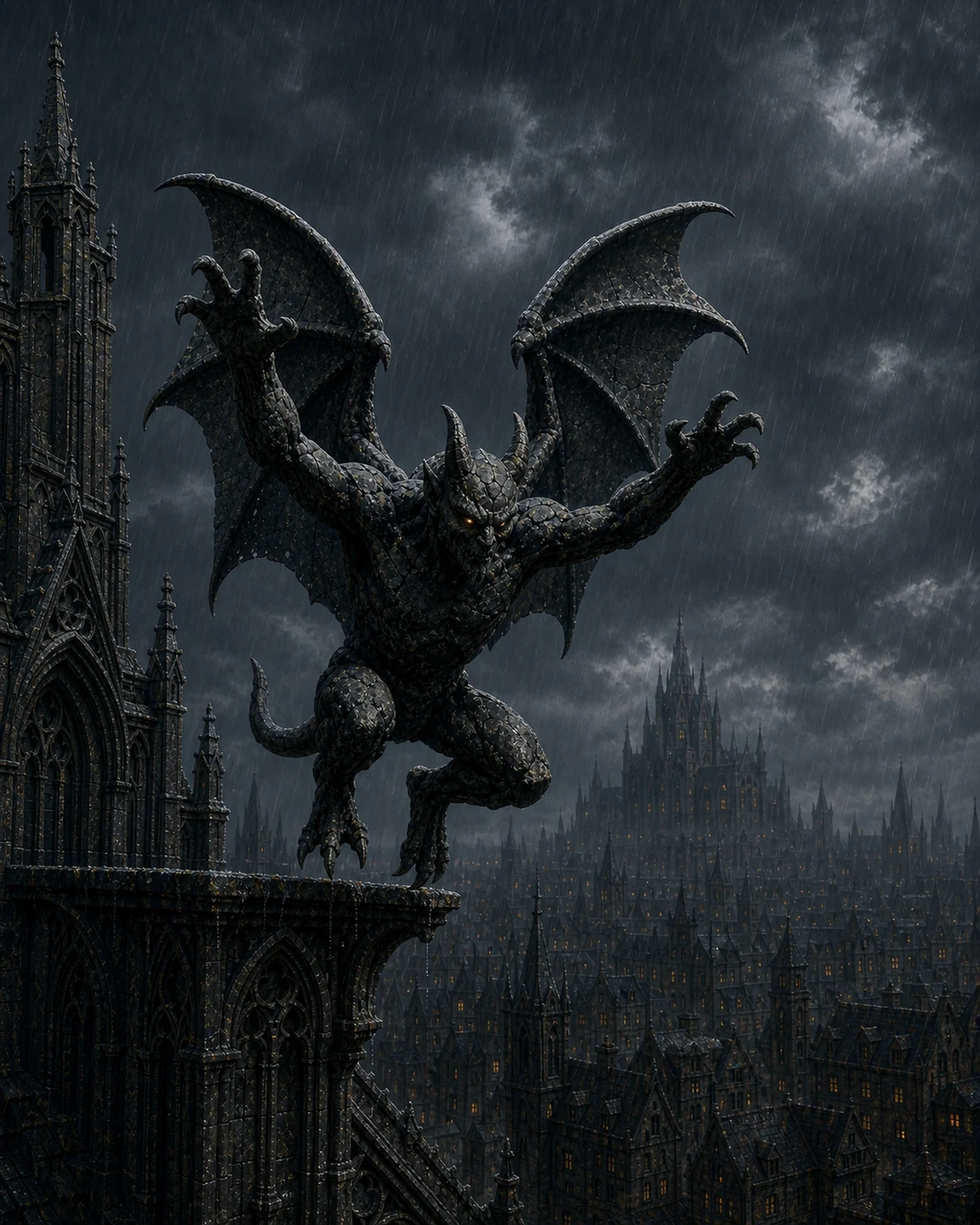 A dark basalt gargoyle launches from a rain-soaked cathedral ledge with broad stone wings opening.