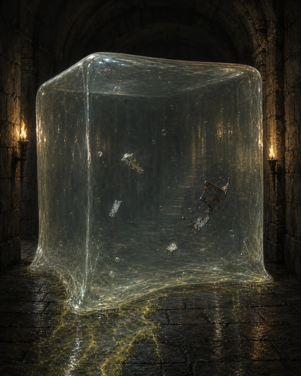 A transparent gelatinous cube fills a stone corridor, with bubbles and corroded scraps suspended inside.