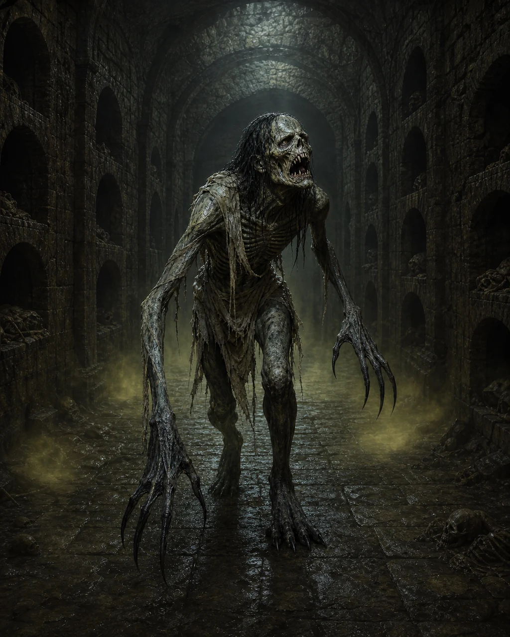 A gaunt gray-green ghast lopes through a damp crypt with long black claws and broken teeth bared.