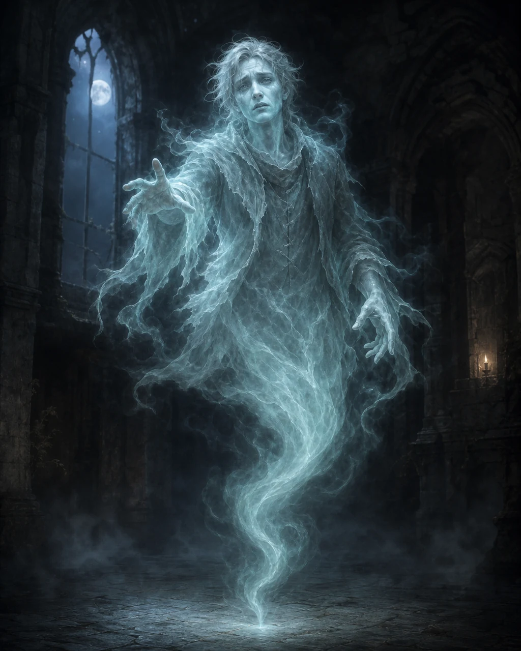 A pale translucent ghost in tattered garments reaches forward while drifting through a moonlit ruin.