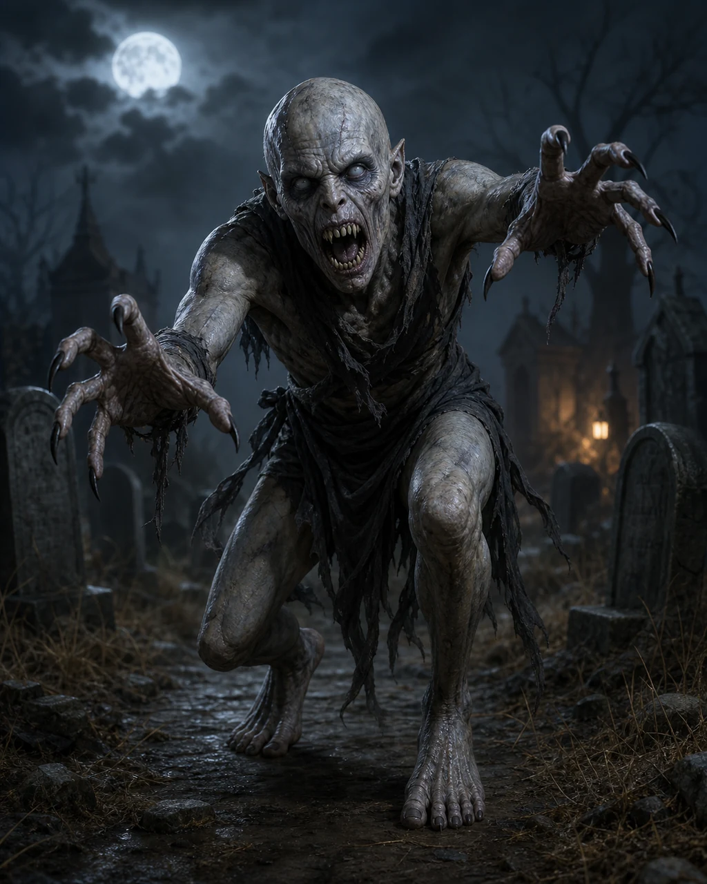 A gaunt ash-gray ghoul lunges through a cemetery passage with black claws spread and broken teeth bared.
