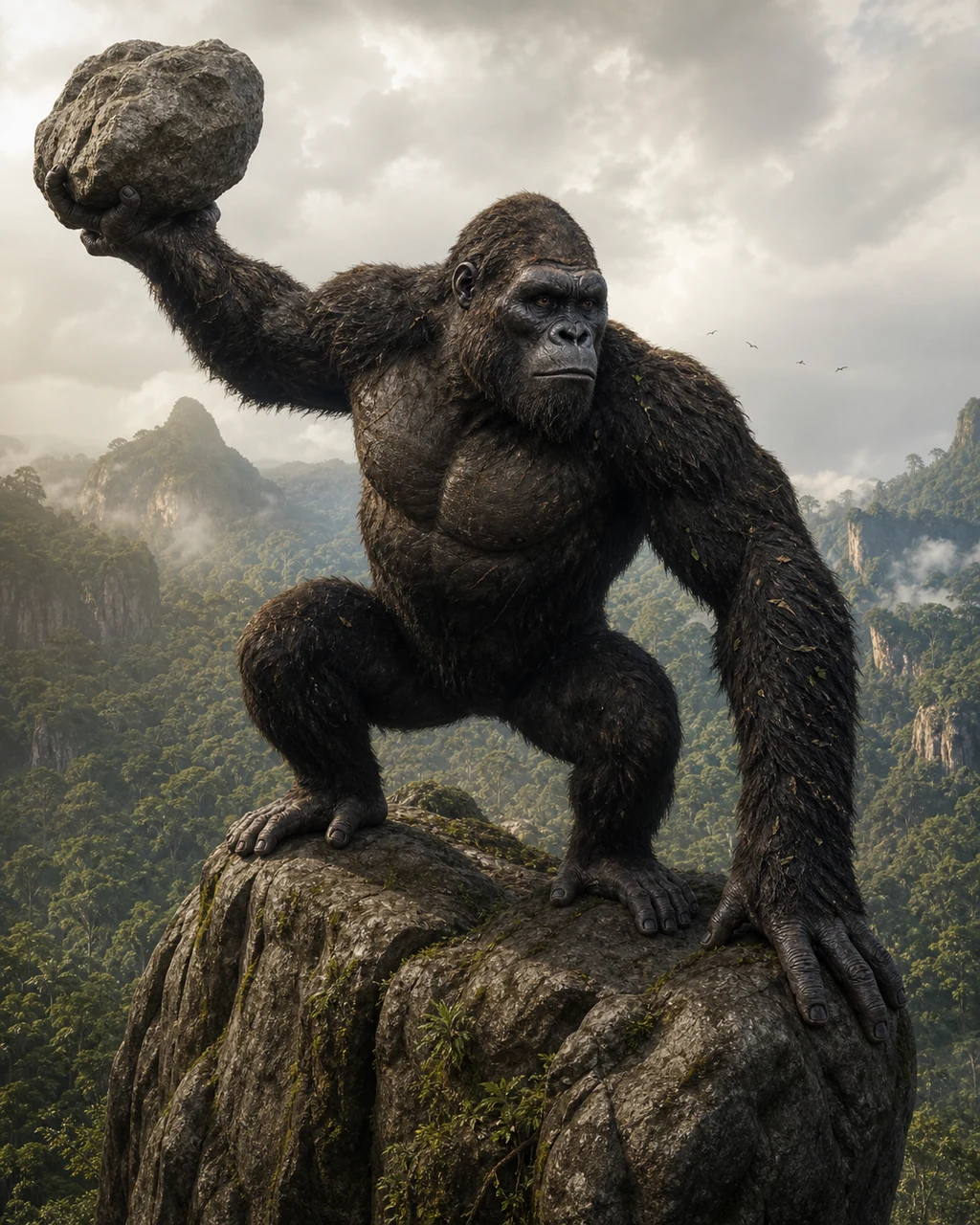 A colossal dark-furred ape crouches on a forest outcrop with a huge boulder drawn back to throw.