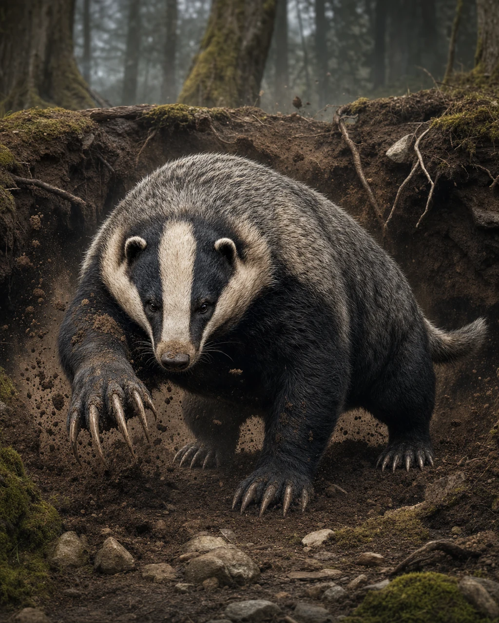 A boar-sized striped giant badger bursts from a forest bank with one massive digging paw raised.