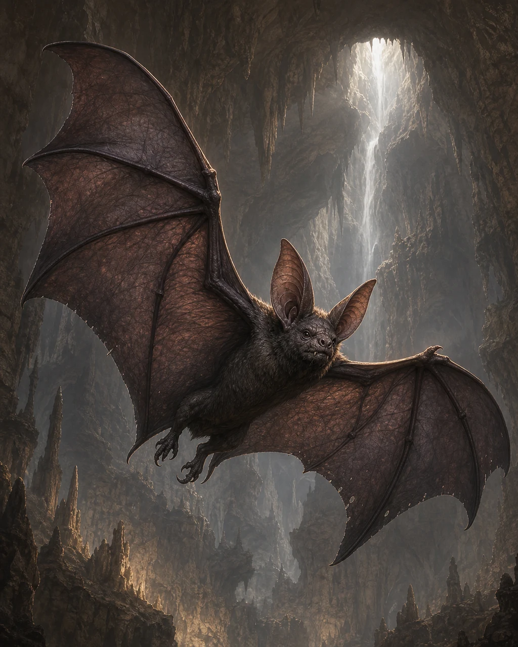 A horse-sized charcoal giant bat sweeps through a cavern on broad veined wings with huge ears raised.