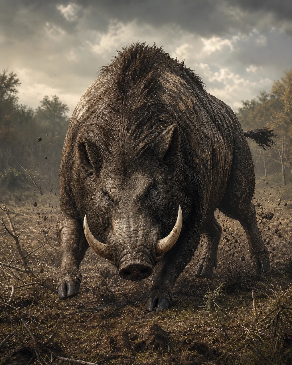 A huge dark-bristled boar charges across torn meadow turf with paired tusks and head lowered.