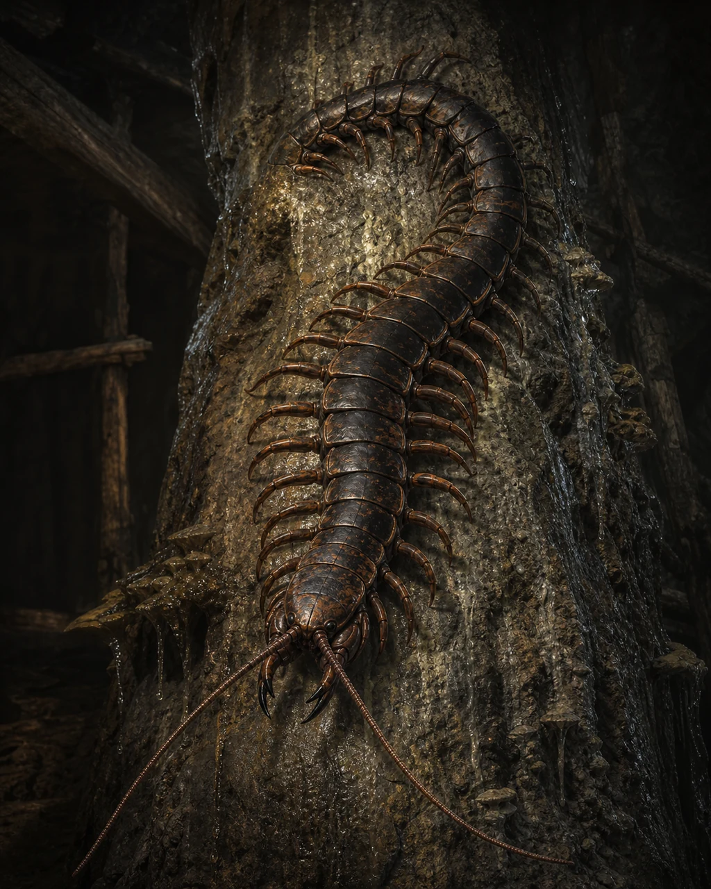 A man-long rust-black giant centipede curves across a wet cave wall on dozens of jointed legs.