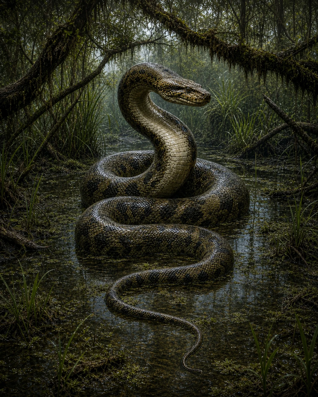 A trunk-thick giant constrictor snake rises from olive coils beside a dark swamp channel.