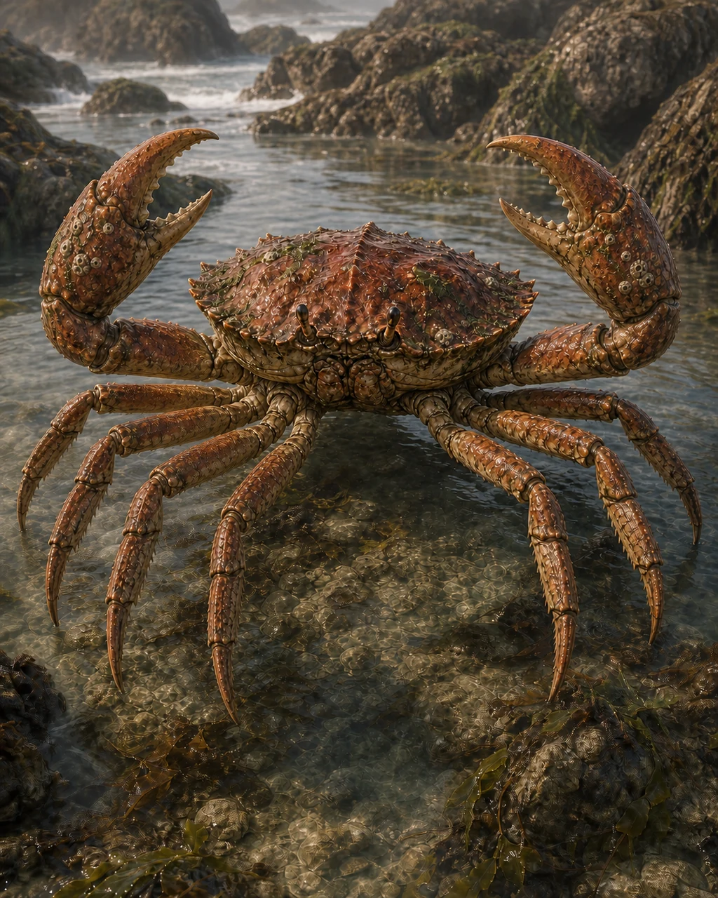 A giant red-brown crab braces in shallow surf with two massive pincers spread wide.