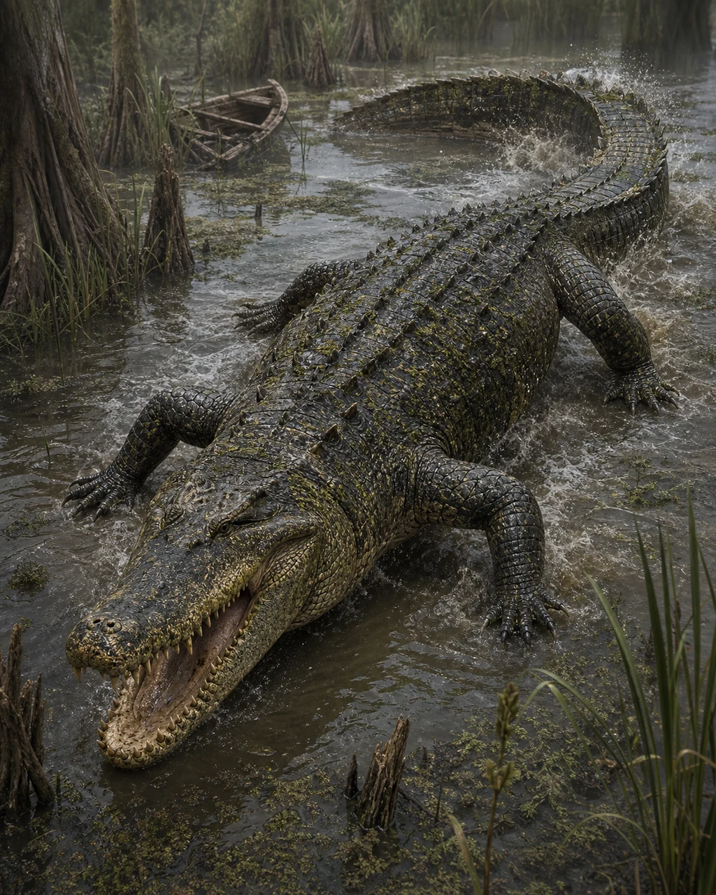 A gigantic scarred crocodile surges from a reed-filled swamp channel with its jaws spread wide.