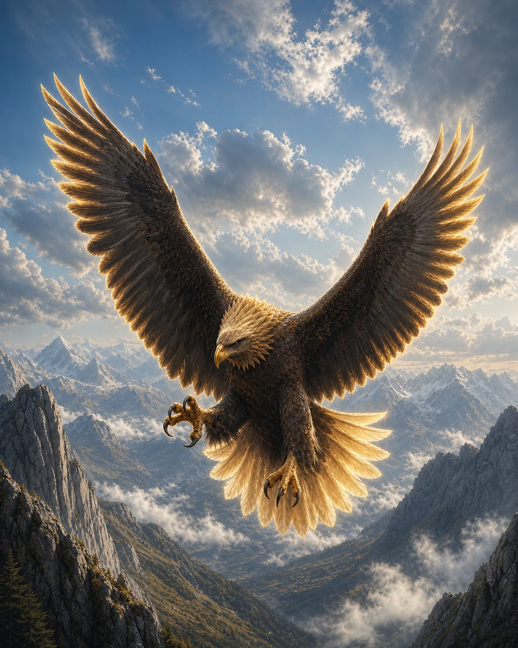 A horse-sized celestial eagle banks over a mountain valley with gold-edged wings and talons extended.