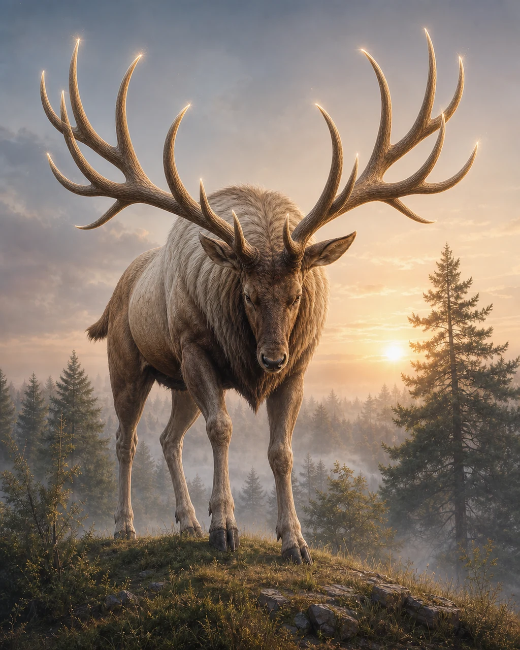A huge russet celestial elk lowers its radiant many-tined antlers on a misty forest rise.