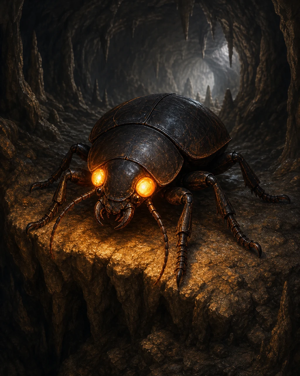 A large dark fire beetle climbs through a cavern, two orange glands above its eyes lighting the shell.