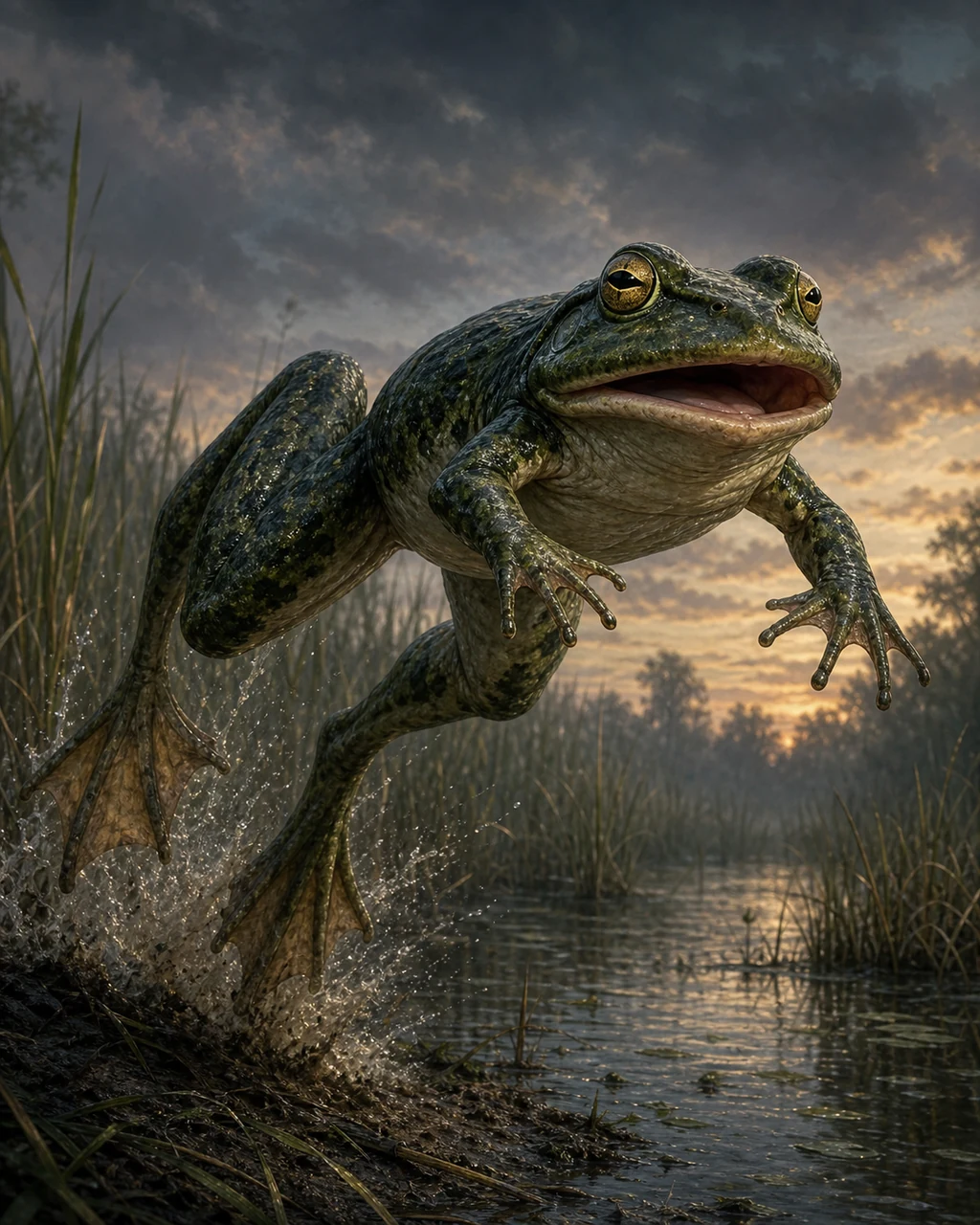 A wolf-sized mottled giant frog leaps from a swamp bank with webbed feet spread and mouth open.