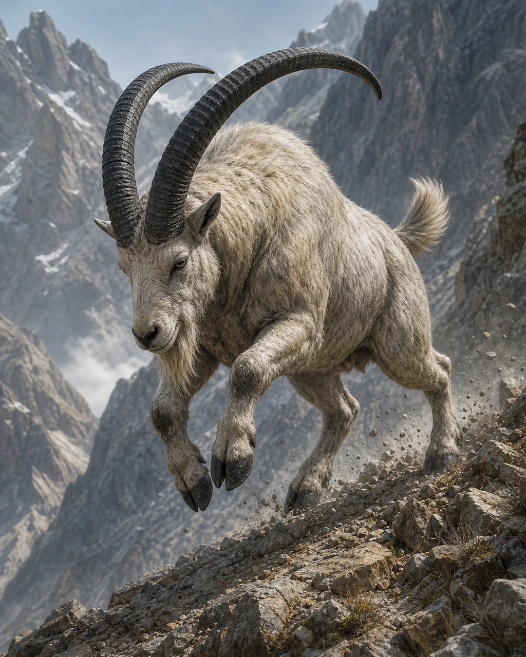 A horse-sized pale giant goat charges down a mountain ledge with huge ridged horns lowered.