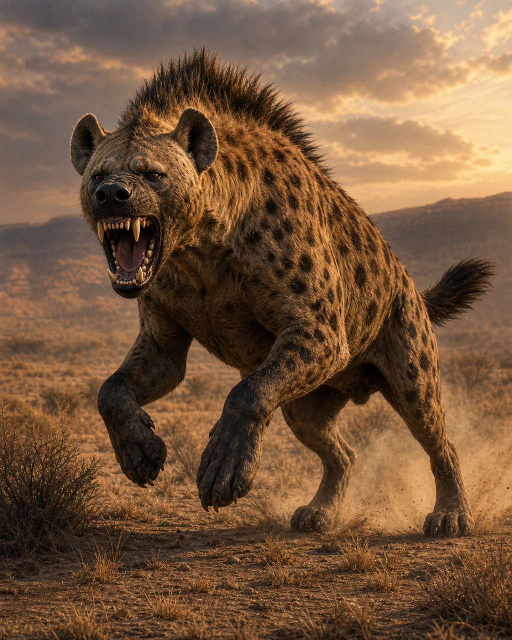 A horse-sized spotted giant hyena bounds through dry scrub with massive jaws open.