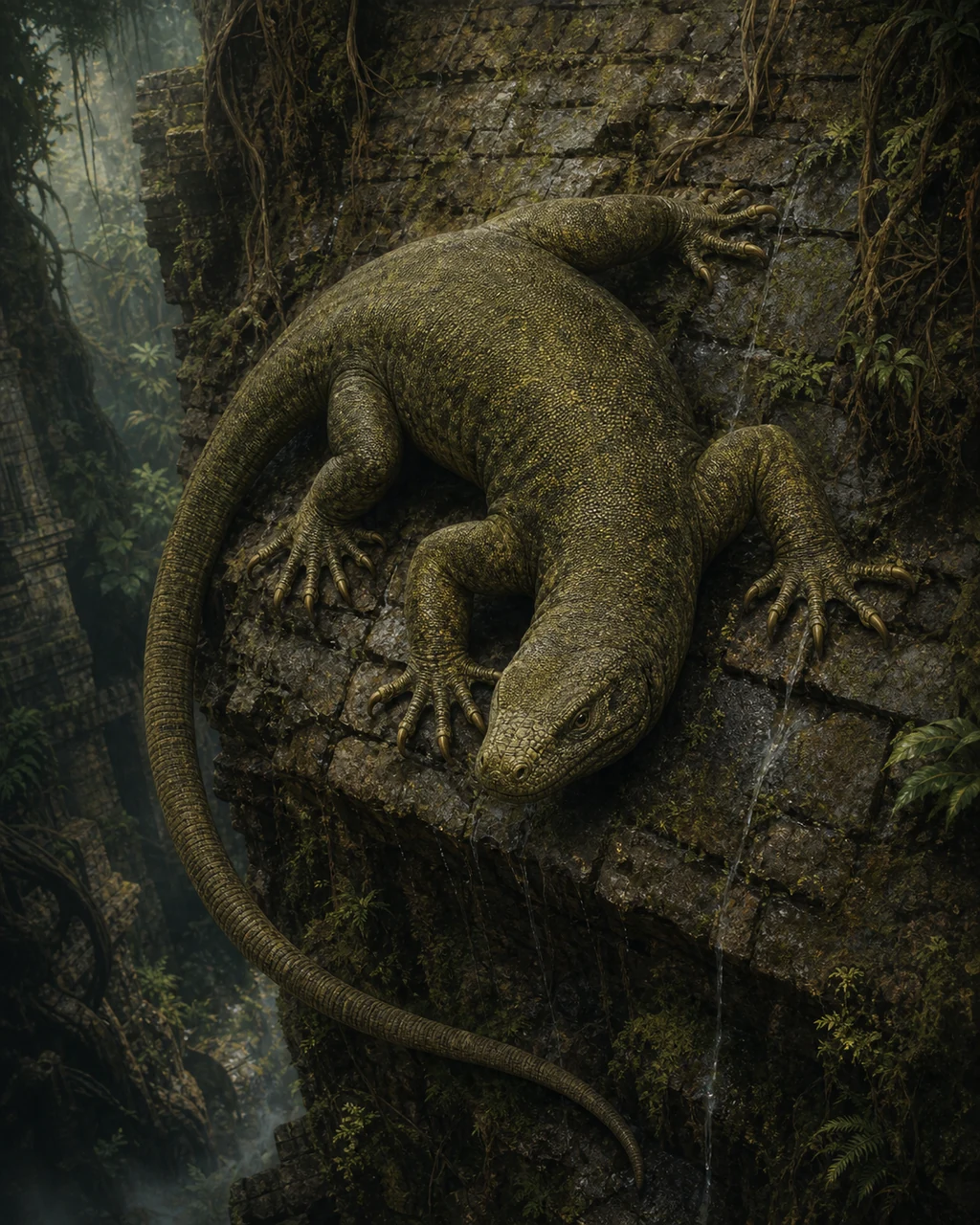 A massive olive giant lizard clings diagonally to an overgrown ruin wall on four clawed feet.