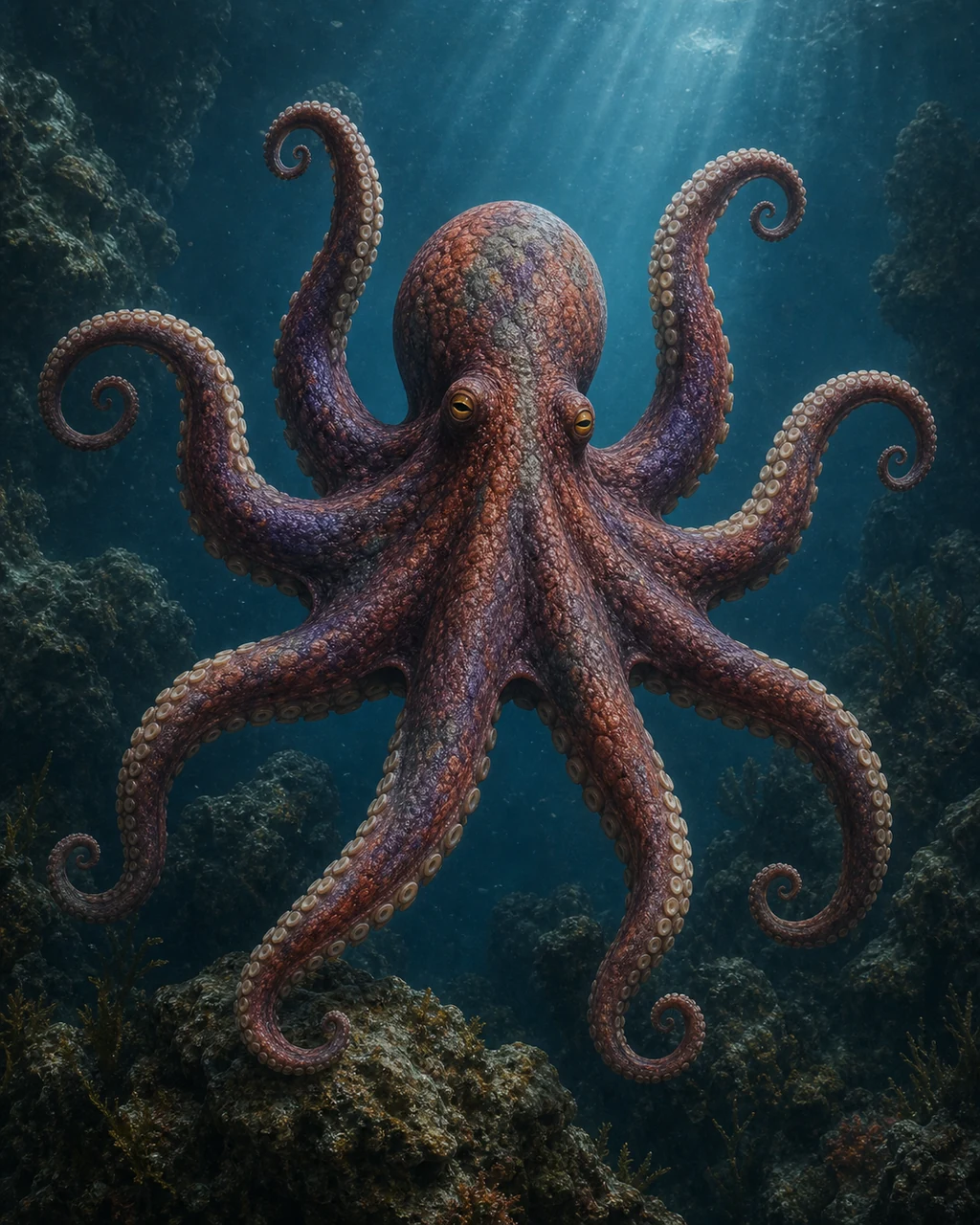 A huge red-violet giant octopus rises over a reef ledge with all eight sucker-lined arms spread.