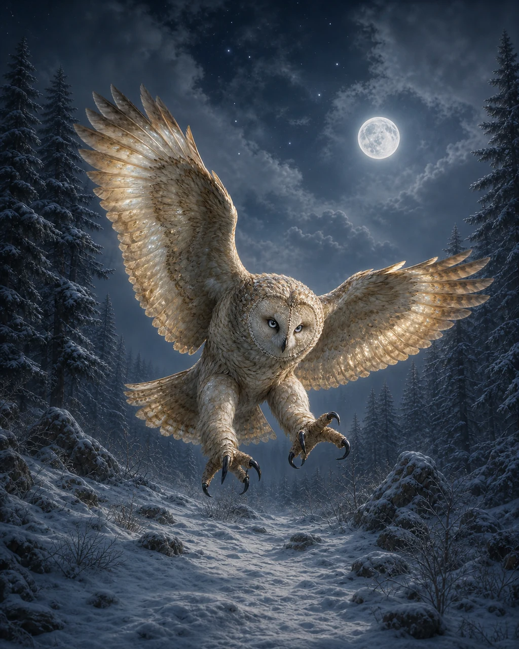 A great cream-and-tawny celestial owl glides over a snowy forest clearing with silver eyes forward.