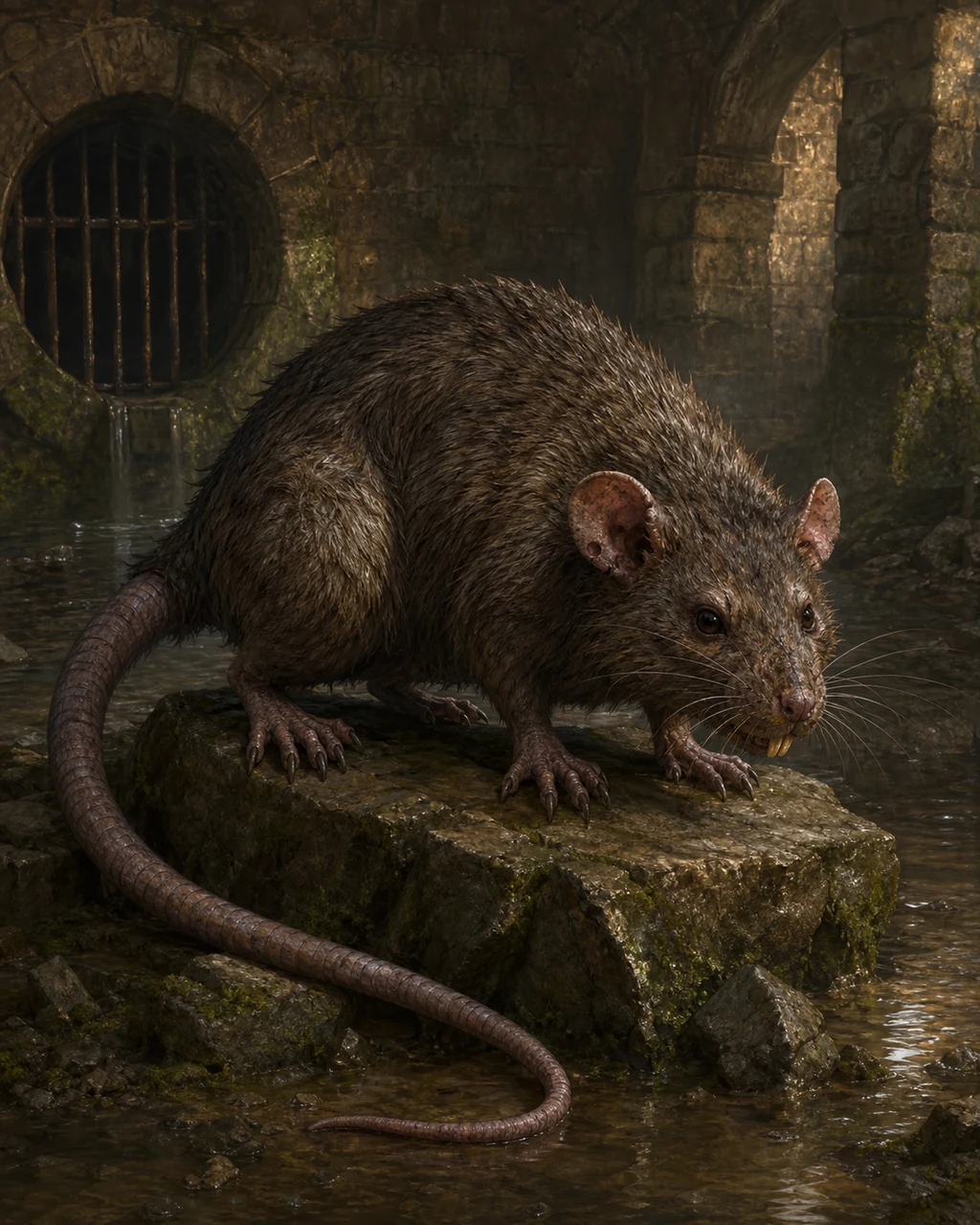 A terrier-sized brown giant rat creeps over sewer rubble with its thick naked tail curved behind it.