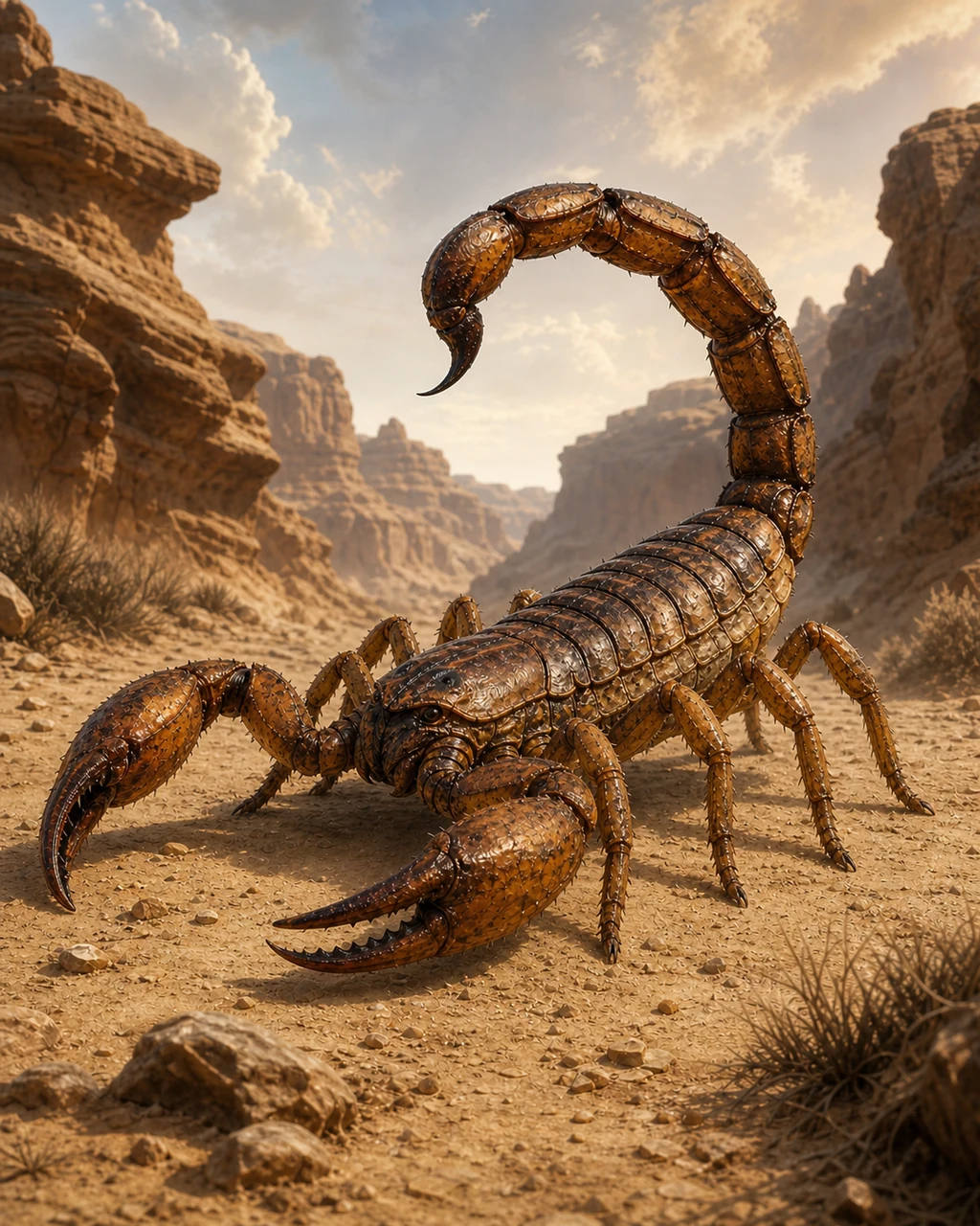 A giant amber scorpion braces in a desert ravine with pincers spread and one venomous stinger arched overhead.