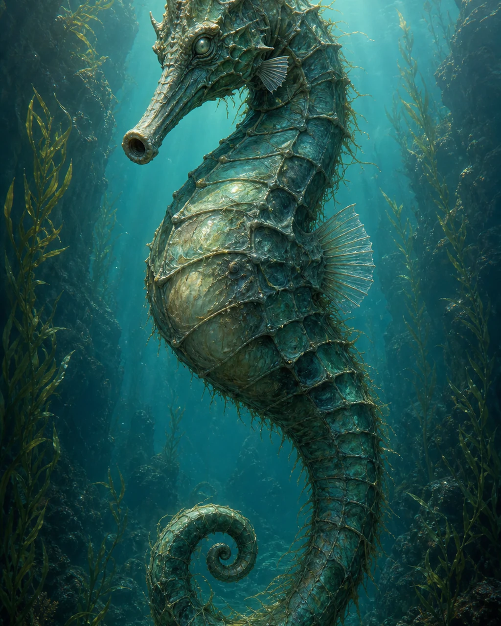 A horse-sized blue-green giant seahorse charges upright through a clear underwater canyon.