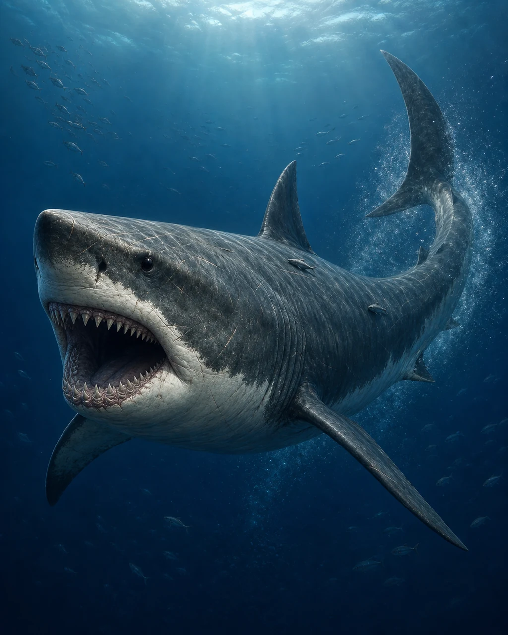 A colossal blue-gray shark turns through deep water, rows of teeth visible in its opening jaws.