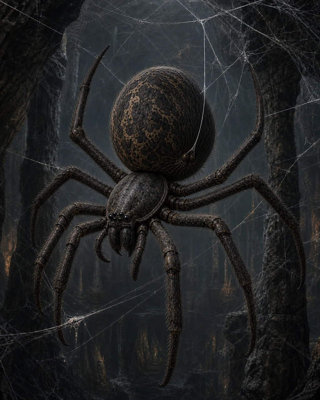 A horse-sized dark giant spider hangs sideways in a cavern web on eight long legs.