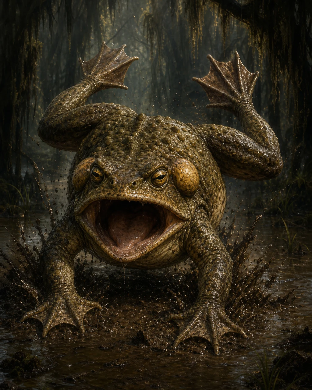 A bear-sized olive giant toad lands in swamp mud with its warty body low and vast mouth opening.