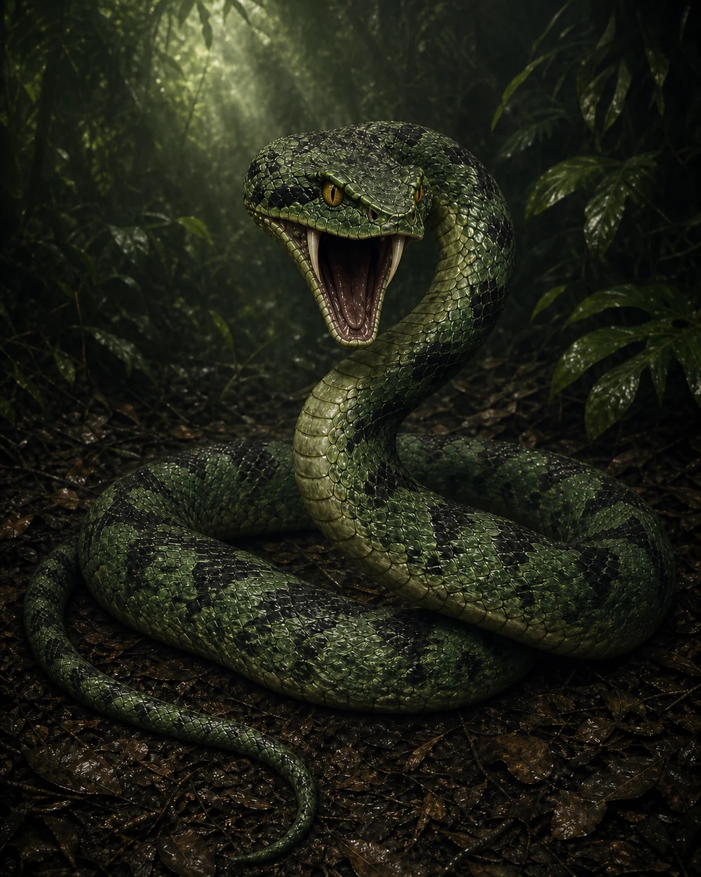 A man-long emerald giant viper strikes from a jungle-floor coil with two long fangs exposed.