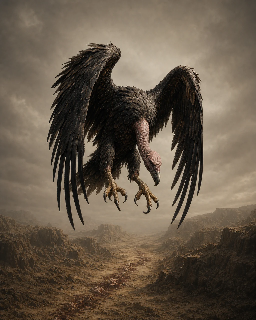 A ragged giant vulture dives over a sunlit badland with its hooked beak and talons ready to gouge.