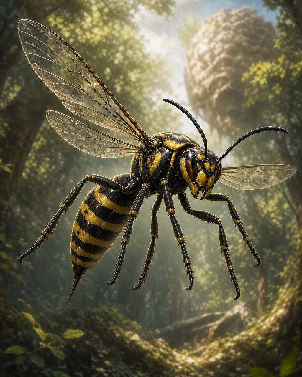 A man-sized yellow-and-black giant wasp banks through a clearing on four clear wings with stinger lowered.