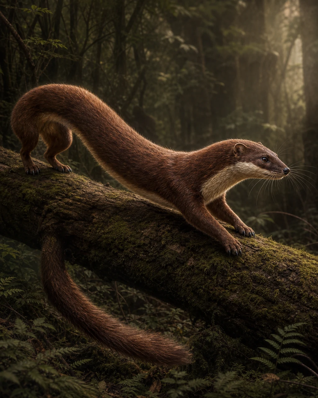 A wolf-long chestnut giant weasel flows over a mossy log in a stretched running bound.