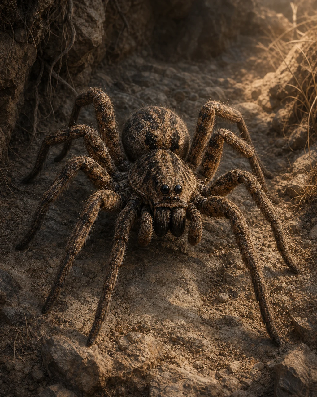 A man-sized hairy wolf spider stalks across a rocky crevice on eight stout legs.