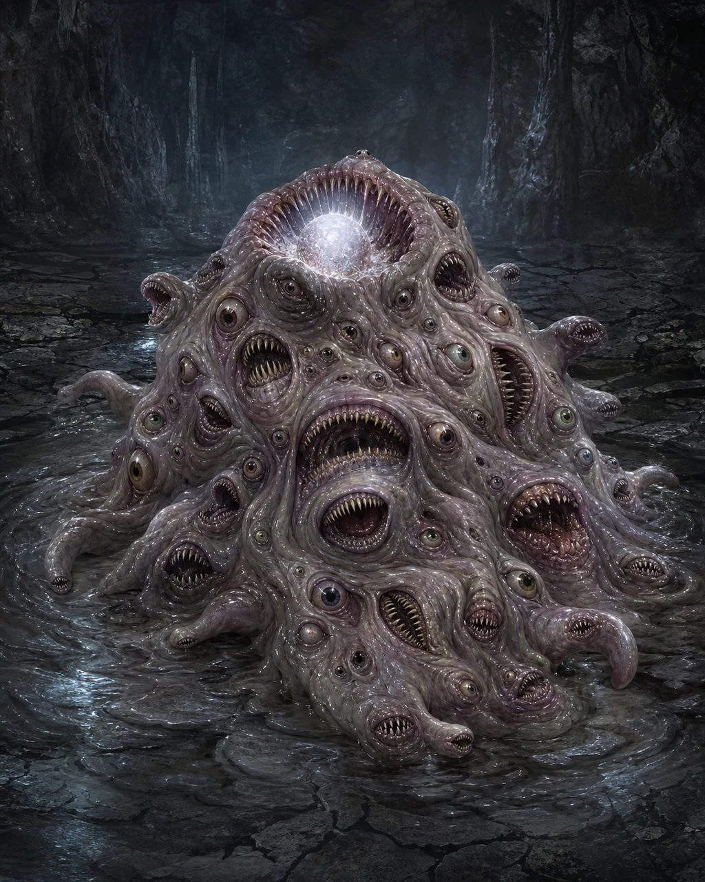 A pallid gibbering mouther rolls across liquefying cavern stone, crowded with chattering mouths and blinking eyes.