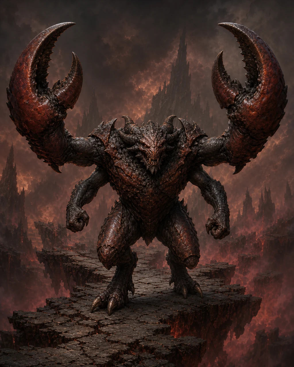 A four-armed glabrezu advances across a shattered causeway with two great pincers spread and two fists raised.