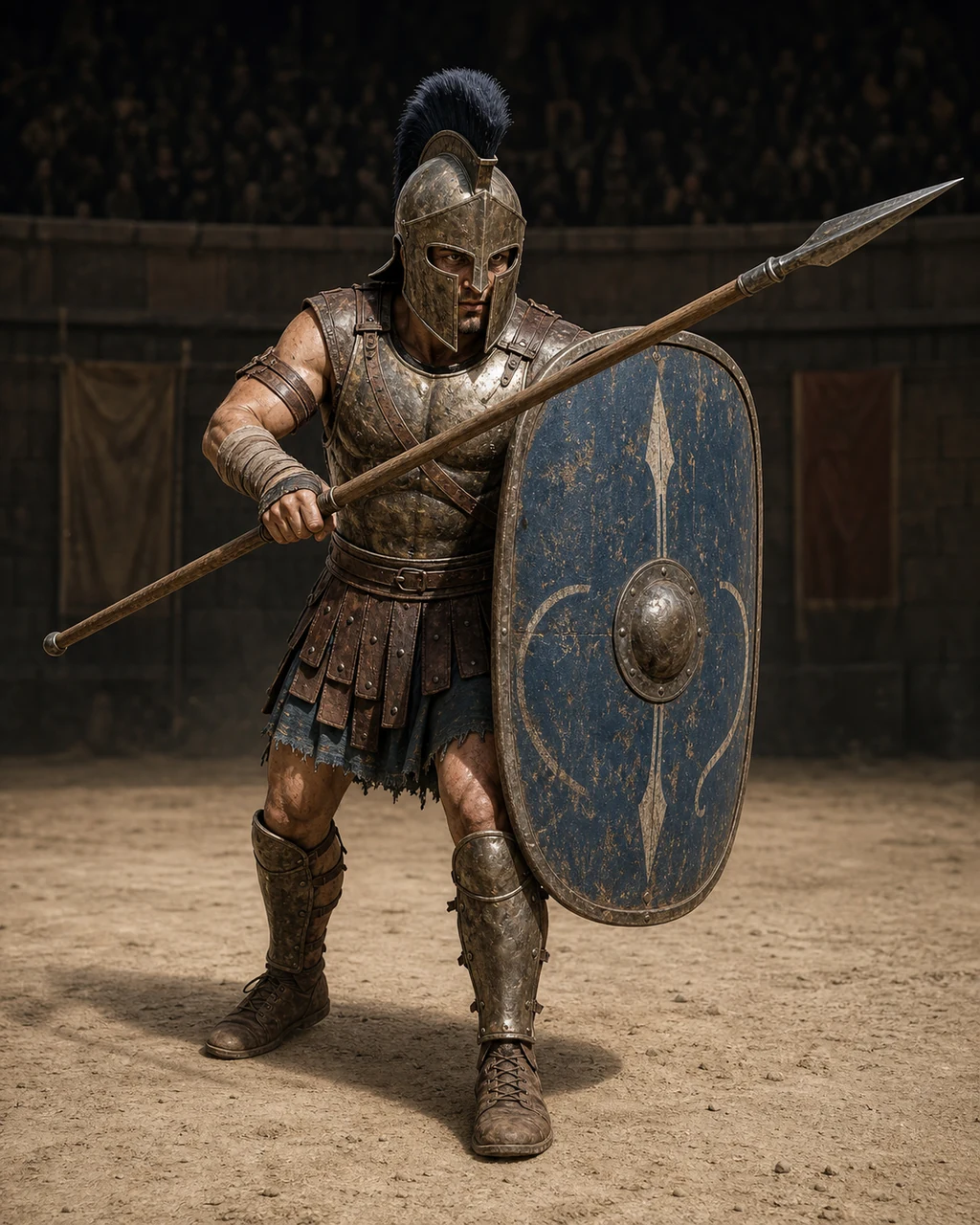 A compact armored gladiator braces behind a scarred shield with a long spear ready.