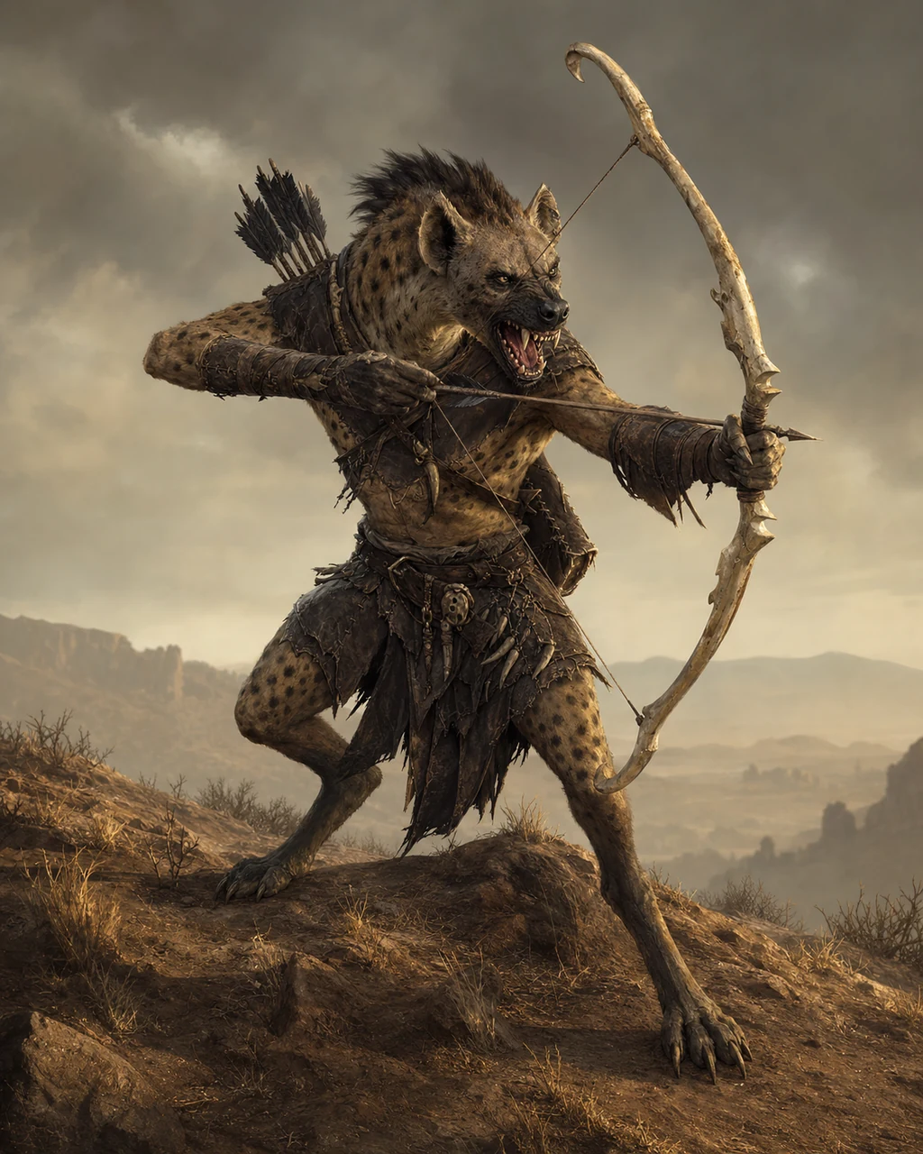 A spotted hyena-headed gnoll warrior braces on a scrubland ridge while drawing a pale bone bow.