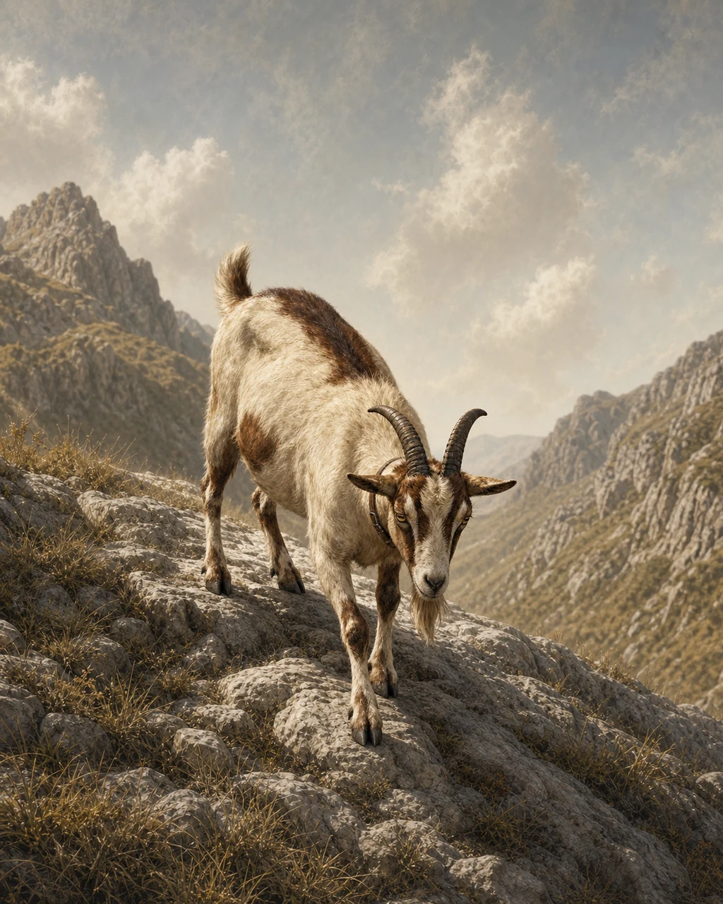 A cream-and-brown goat picks its way down a rocky hill with curved horns and cloven hooves.