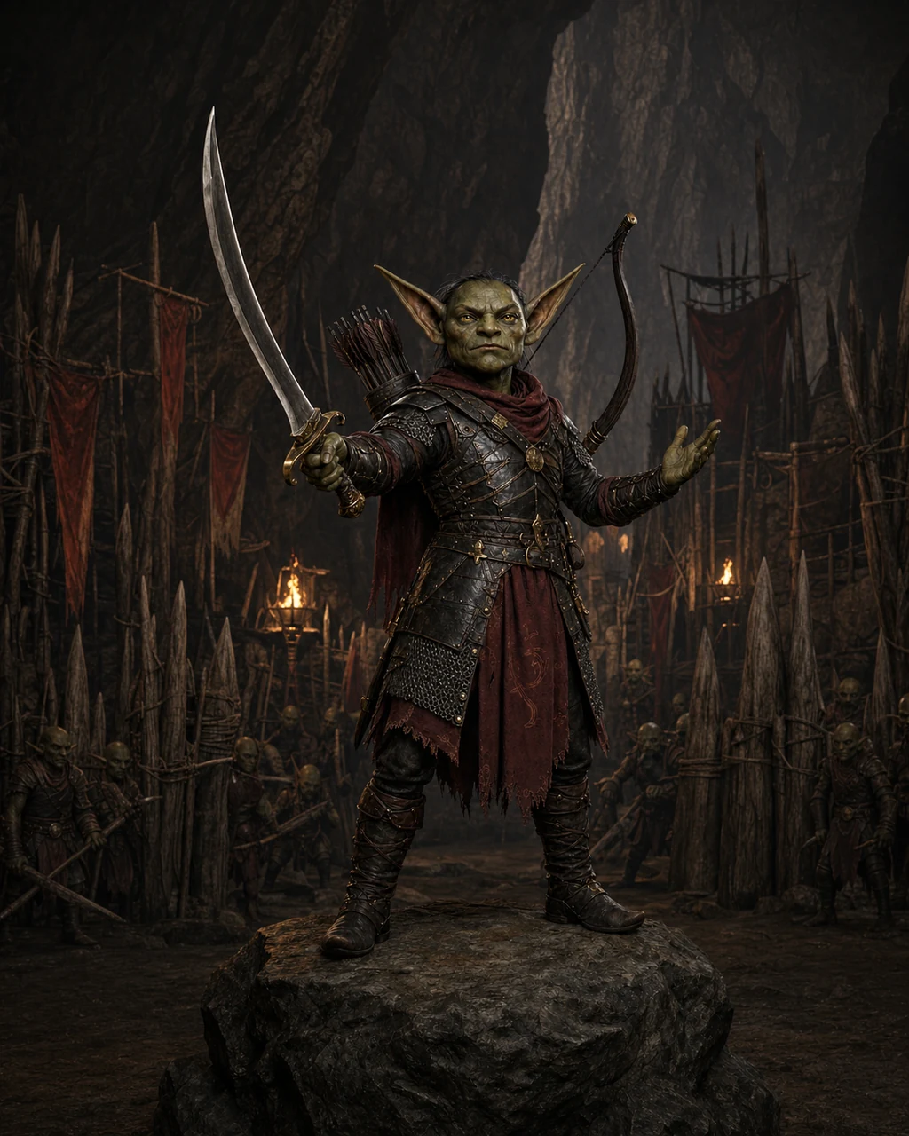 A small olive-skinned goblin boss directs troops from a stone, scimitar drawn and shortbow on its back.