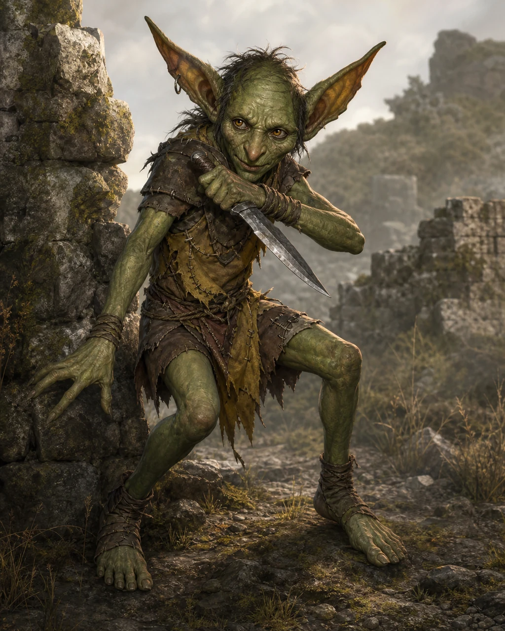 A wiry green goblin minion darts from behind a ruined stone with a dagger held close.
