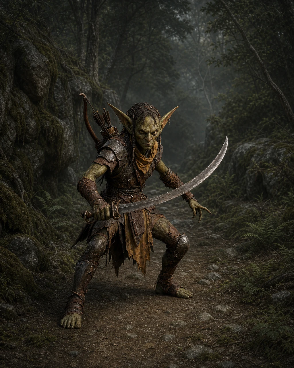 A small green-skinned goblin warrior crouches on a forest path with scimitar drawn and shortbow ready.