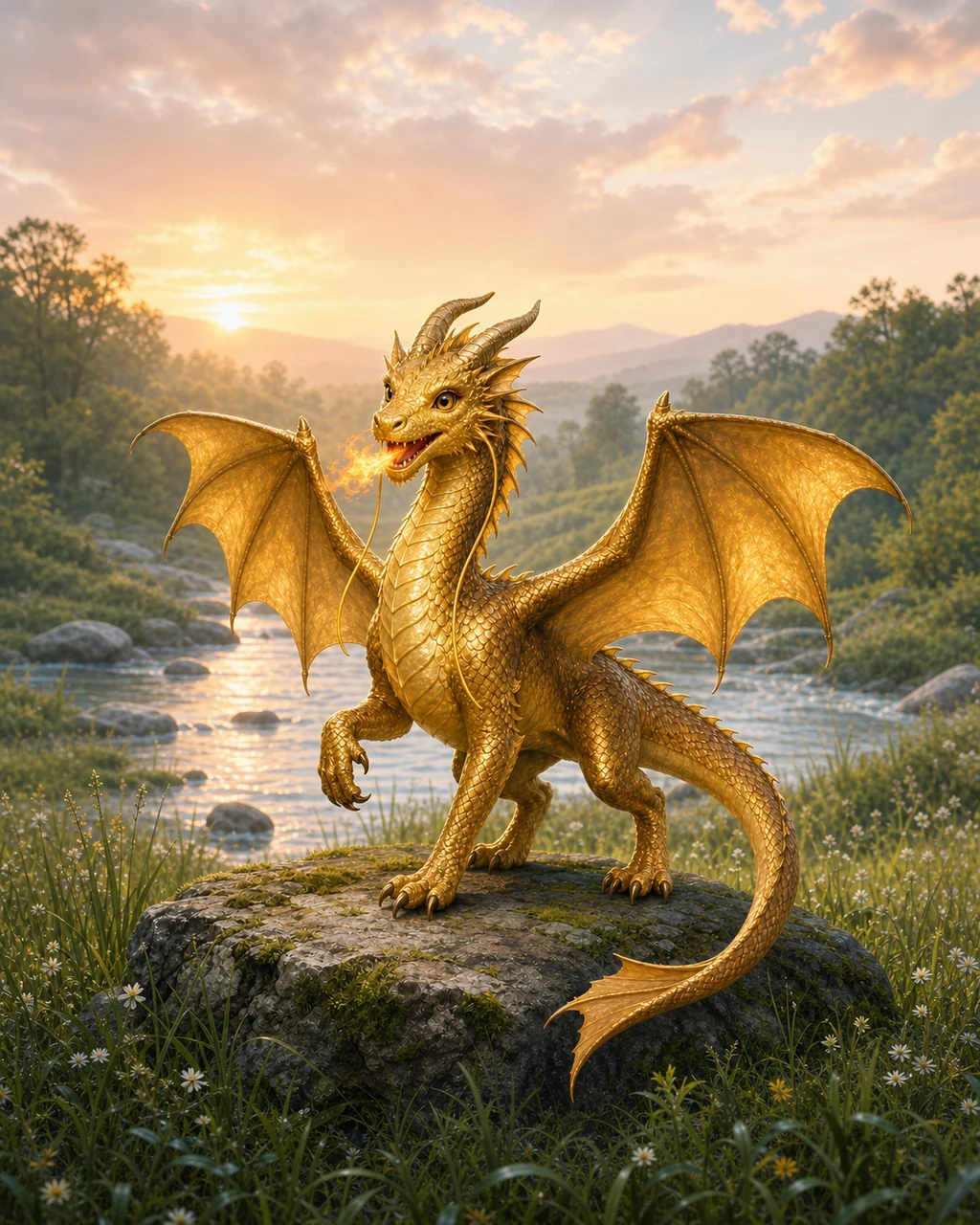 A gold dragon wyrmling opens its wings beside a meadow river as warm firelight gathers in its throat.