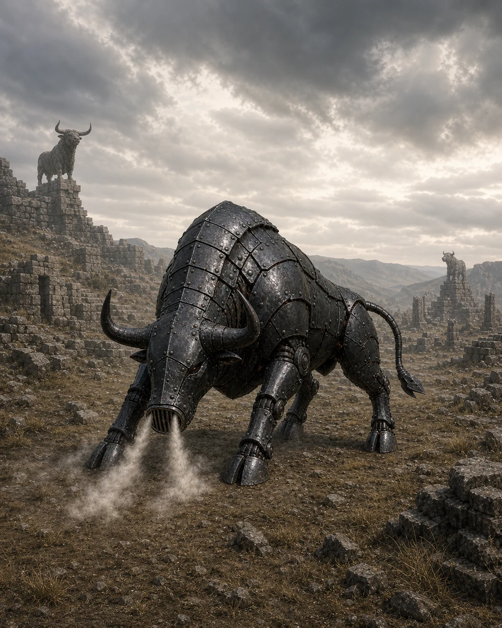 An iron-plated bull gorgon lowers its horns as pale petrifying vapor pours from its muzzle.
